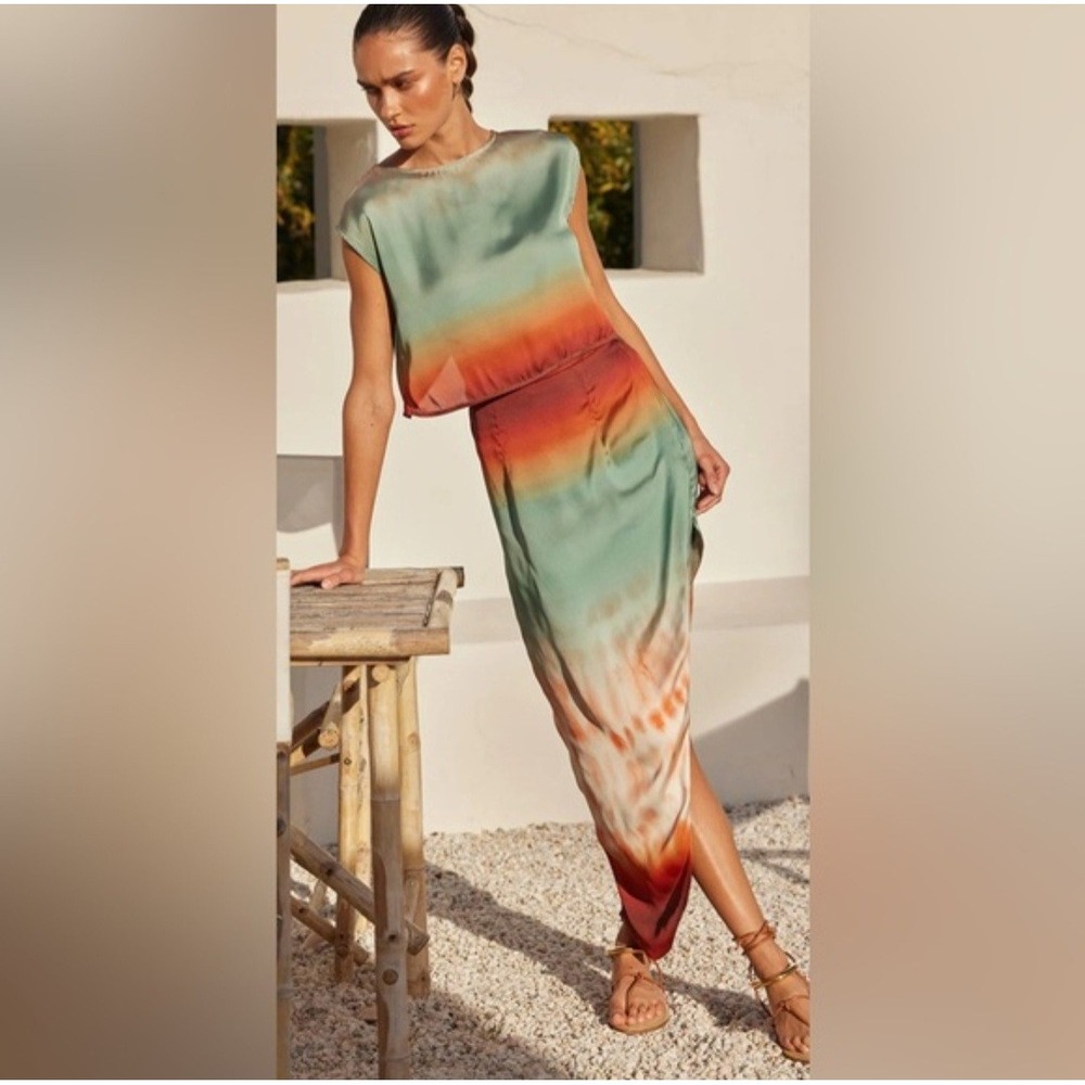 Misa Los Angeles Franca Skirt Ombre Tie Dye Asymmetrical Midi Teal Orange M NWT